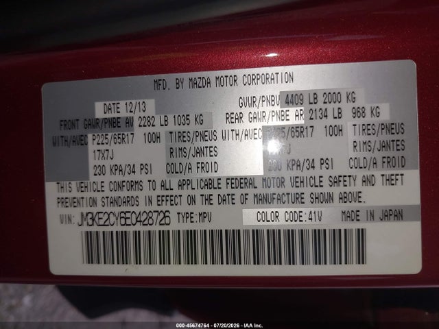 Aukcja sprzedaży 2014 Mazda Cx-5 Touring, vin: JM3KE2CY6E0428726, numer aukcji: 45674764