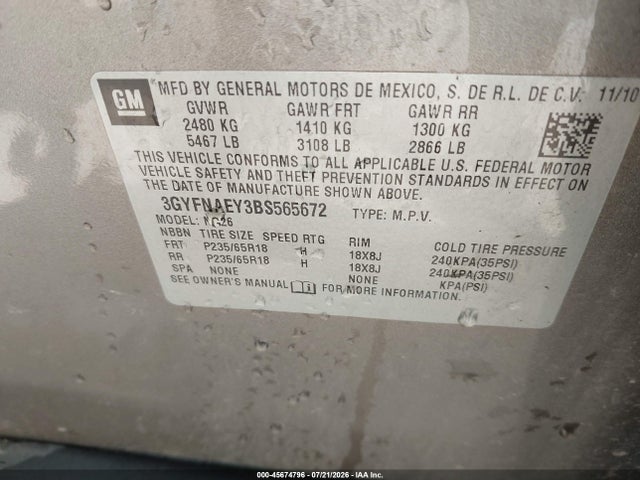 45674796 :رقم المزاد ، 3GYFNAEY3BS565672 vin ، 2011 Cadillac Srx Luxury Collection مزاد بيع