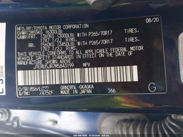 JTERU5JR7M5843199 Toyota 4runner Trd Off Road Premium