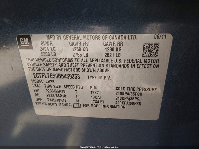 45674806 :رقم المزاد ، 2CTFLTE50B6469353 vin ، 2011 Gmc Terrain Sle-2 مزاد بيع