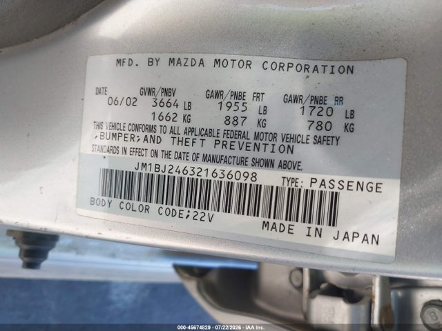 45674829 :رقم المزاد ، JM1BJ246321636098 vin ، 2002 Mazda Protege5 مزاد بيع
