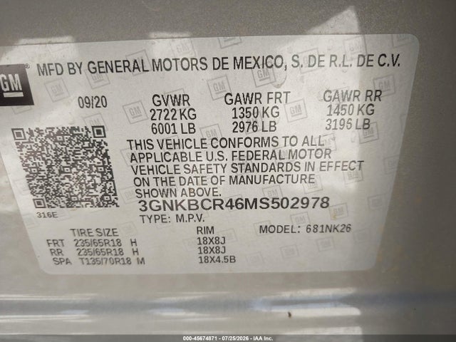3GNKBCR46MS502978 Chevrolet Blazer Fwd 2lt