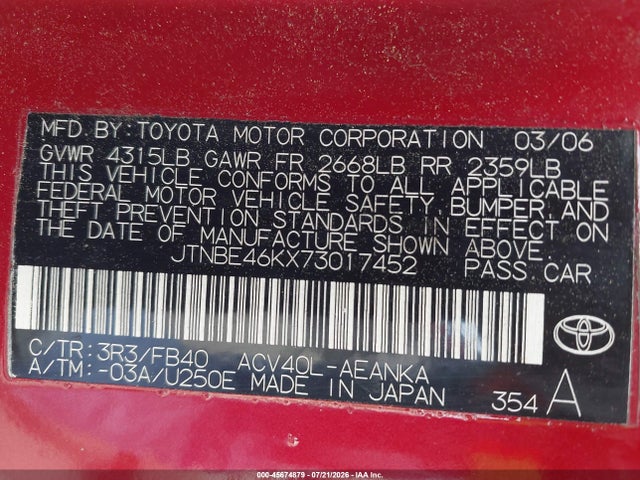 Aukcja sprzedaży 2007 Toyota Camry Le, vin: JTNBE46KX73017452, numer aukcji: 45674879