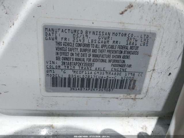 2019 Nissan Sentra Sv მანქანა იყიდება აუქციონზე, vin: 3N1AB7AP2KY359087, აუქციონის ნომერი: 45674889