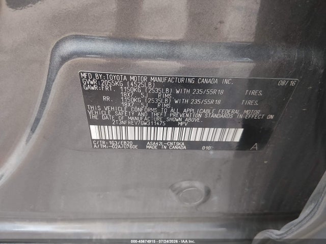 2016 Toyota Rav4 Se მანქანა იყიდება აუქციონზე, vin: 2T3NFREV7GW311475, აუქციონის ნომერი: 45674915