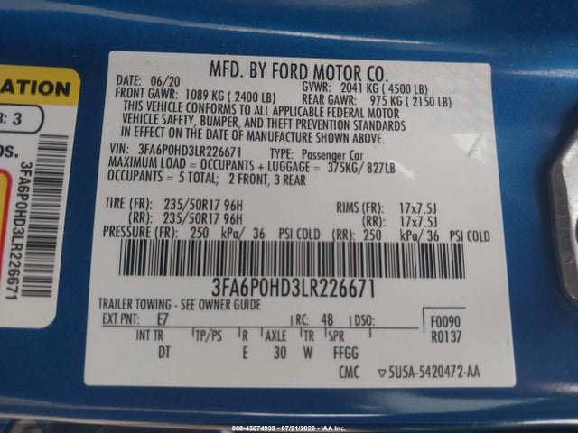 45674939 :رقم المزاد ، 3FA6P0HD3LR226671 vin ، 2020 Ford Fusion Se مزاد بيع
