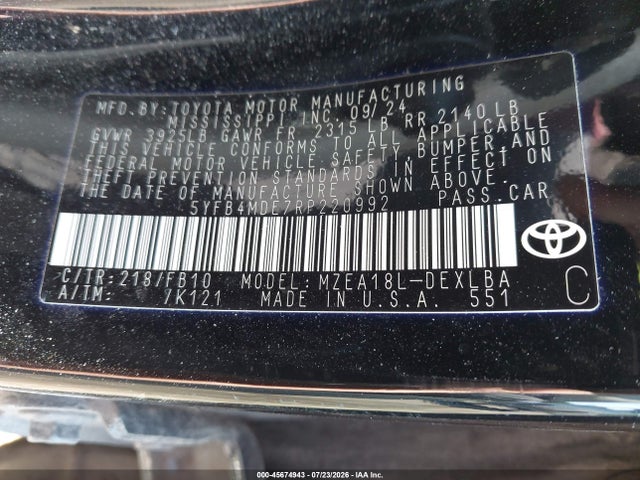 Продаж на аукціоні авто 2024 Toyota Corolla Le, vin: 5YFB4MDE7RP220992, номер лоту: 45674943