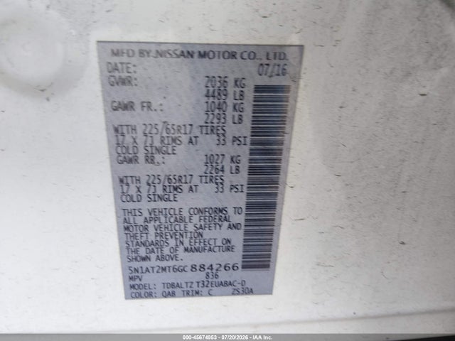 Продаж на аукціоні авто 2016 Nissan Rogue Sv, vin: 5N1AT2MT6GC884266, номер лоту: 45674953