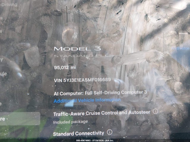 2021 Tesla Model 3 Standard Range Plus Rear-wheel Drive მანქანა იყიდება აუქციონზე, vin: 5YJ3E1EA5MF016689, აუქციონის ნომერი: 45674963