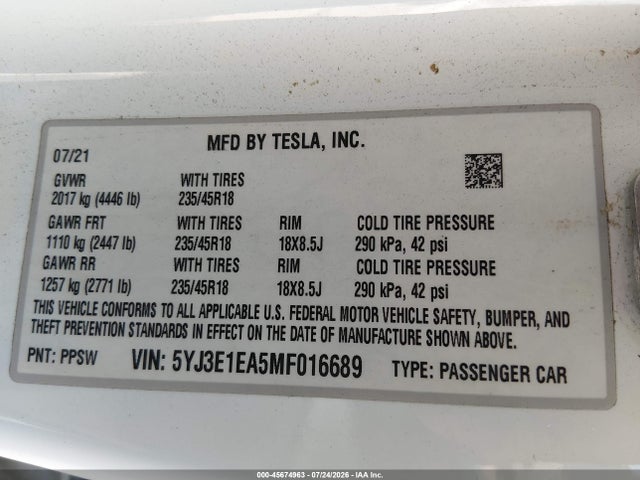2021 Tesla Model 3 Standard Range Plus Rear-wheel Drive მანქანა იყიდება აუქციონზე, vin: 5YJ3E1EA5MF016689, აუქციონის ნომერი: 45674963