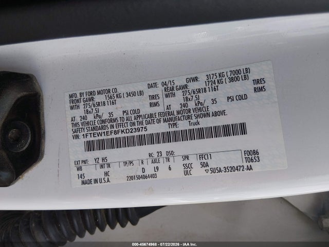 1FTEW1EF8FKD23975 Ford F-150 Lariat