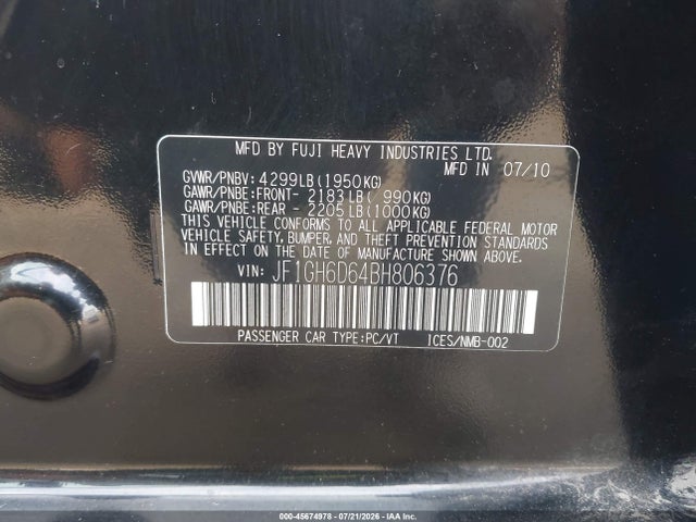 Продажа на аукционе авто 2011 Subaru Impreza Outback Sport, vin: JF1GH6D64BH806376, номер лота: 45674978