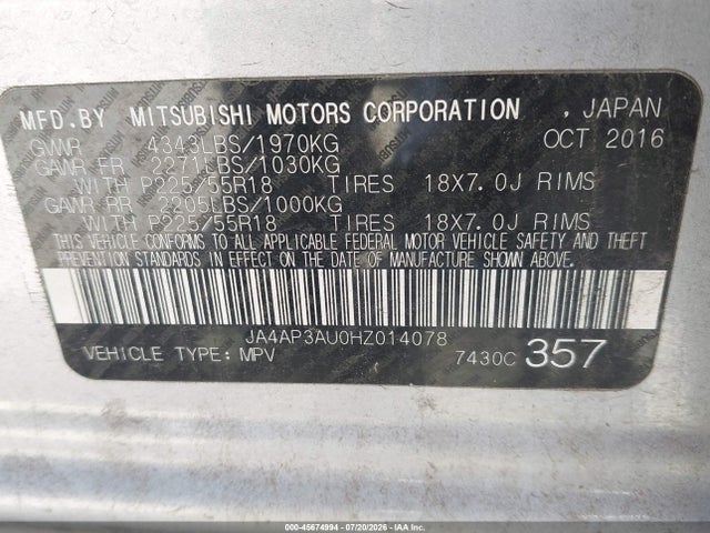 45674994 :رقم المزاد ، JA4AP3AU0HZ014078 vin ، 2017 Mitsubishi Outlander Sport 2.0 Le مزاد بيع