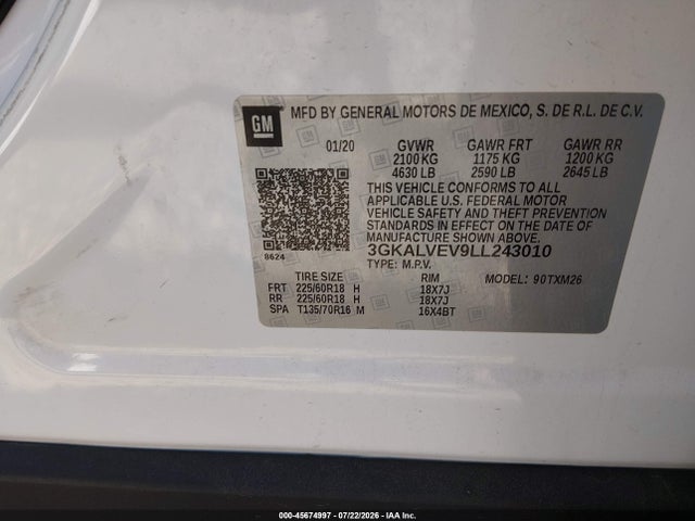 Aukcja sprzedaży 2020 Gmc Terrain Awd Slt, vin: 3GKALVEV9LL243010, numer aukcji: 45674997