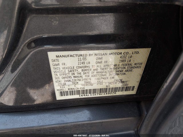 45675007 :رقم المزاد ، 1N4AL11E76C149076 vin ، 2006 Nissan Altima 2.5 S مزاد بيع