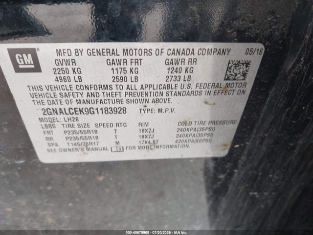 Продажа на аукционе авто 2016 Chevrolet Equinox Lt, vin: 2GNALCEK9G1183928, номер лота: 45675008