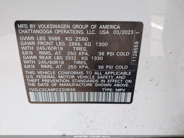 1V2LC2CA6PC220836 Volkswagen Atlas Cross Sport 2.0t Se