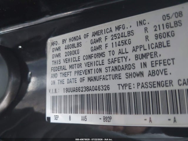 Продаж на аукціоні авто 2008 Acura Tl 3.2, vin: 19UUA66238A046326, номер лоту: 45675029