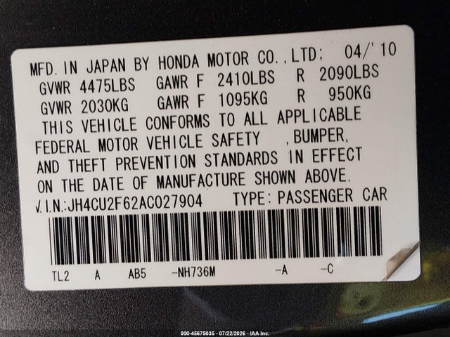 45675035 :رقم المزاد ، JH4CU2F62AC027904 vin ، 2010 Acura Tsx 2.4 مزاد بيع