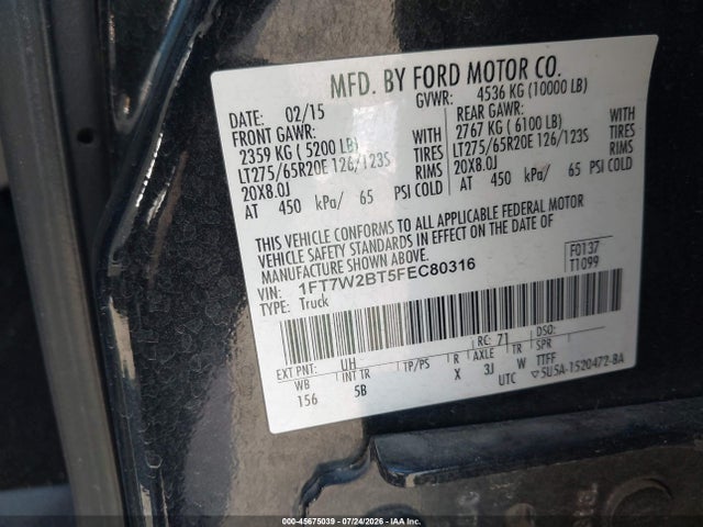 Aukcja sprzedaży 2015 Ford F-250 Lariat, vin: 1FT7W2BT5FEC80316, numer aukcji: 45675039