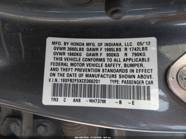 Aukcja sprzedaży 2012 Honda Civic Lx, vin: 19XFB2F5XCE066201, numer aukcji: 45675055