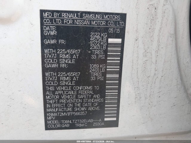 Nissan ROGUE SV 2015 KNMAT2MV1FP566357 Image 9