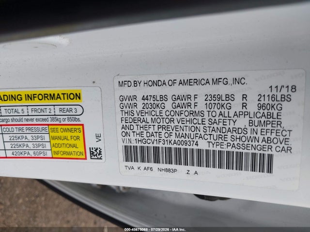 1HGCV1F31KA009374 Honda Accord Sport
