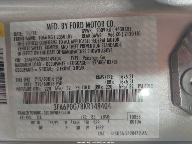 3FA6P0G78KR149404 Ford FUSION S