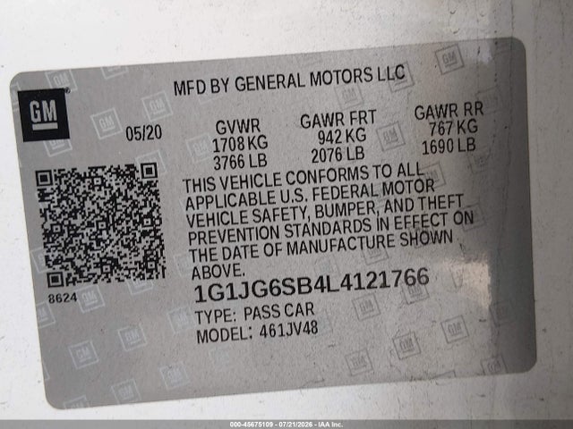 2020 Chevrolet Sonic Fwd  1fl 5-door მანქანა იყიდება აუქციონზე, vin: 1G1JG6SB4L4121766, აუქციონის ნომერი: 45675109