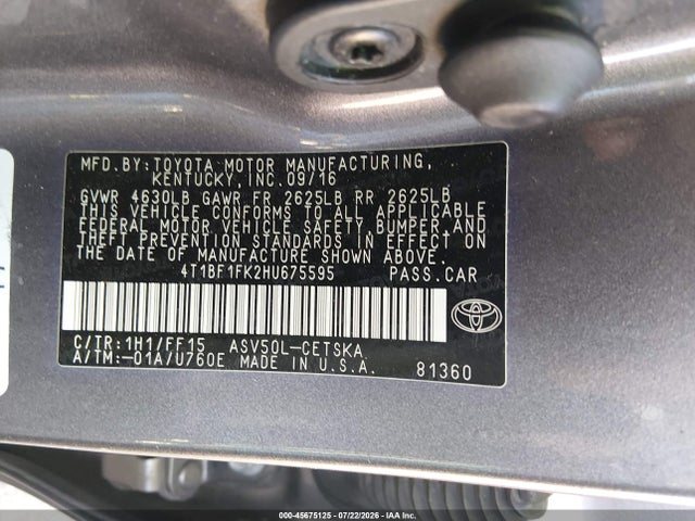 2017 Toyota Camry Se მანქანა იყიდება აუქციონზე, vin: 4T1BF1FK2HU675595, აუქციონის ნომერი: 45675125