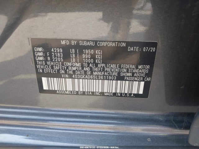Продаж на аукціоні авто 2020 Subaru Impreza Premium, vin: 4S3GKAD65L3611903, номер лоту: 45675133