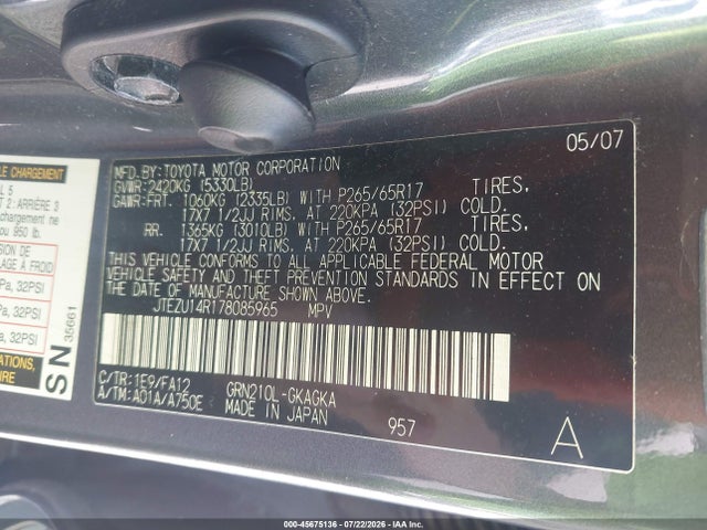 Продажа на аукционе авто 2007 Toyota 4runner Sr5, vin: JTEZU14R178085965, номер лота: 45675136