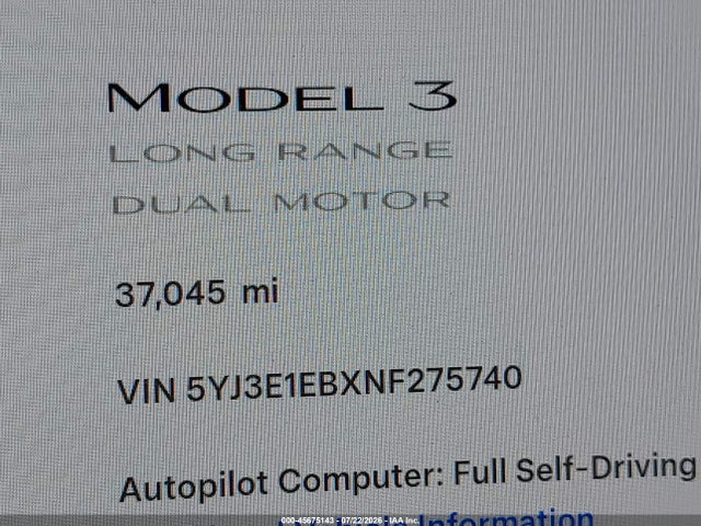 5YJ3E1EBXNF275740 Tesla Model 3 Long Range Dual Motor All-wheel Drive