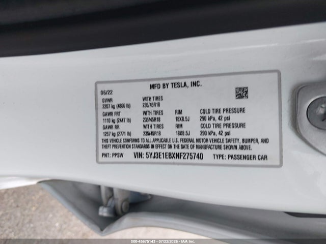 5YJ3E1EBXNF275740 Tesla Model 3 Long Range Dual Motor All-wheel Drive
