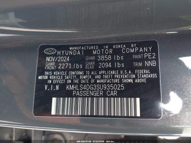 Продаж на аукціоні авто 2025 Hyundai Elantra Sel Convenience, vin: KMHLS4DG3SU935025, номер лоту: 45675149