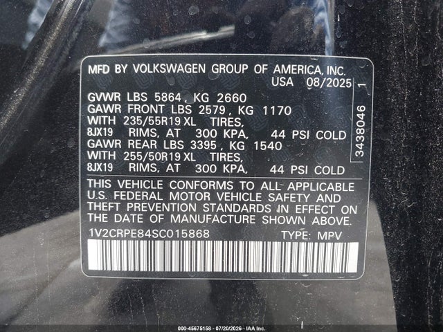 45675158 :رقم المزاد ، 1V2CRPE84SC015868 vin ، 2025 Volkswagen Id.4 Pro مزاد بيع