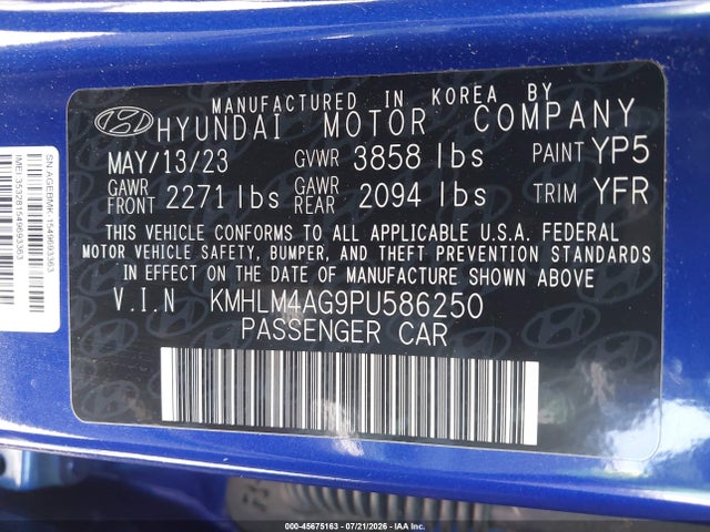 Продажа на аукционе авто 2023 Hyundai Elantra Sel, vin: KMHLM4AG9PU586250, номер лота: 45675163