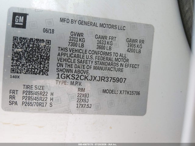 45675178 :رقم المزاد ، 1GKS2CKJXJR375907 vin ، 2018 Gmc Yukon Denali مزاد بيع