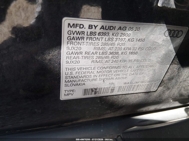 Aukcja sprzedaży 2020 Audi Q7 Premium Plus 45 Tfsi Quattro Tiptronic, vin: WA1LJAF79LD009565, numer aukcji: 45675200