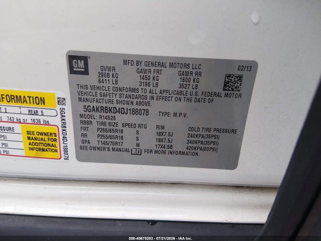 Aukcja sprzedaży 2013 Buick Enclave Convenience, vin: 5GAKRBKD4DJ188078, numer aukcji: 45675203
