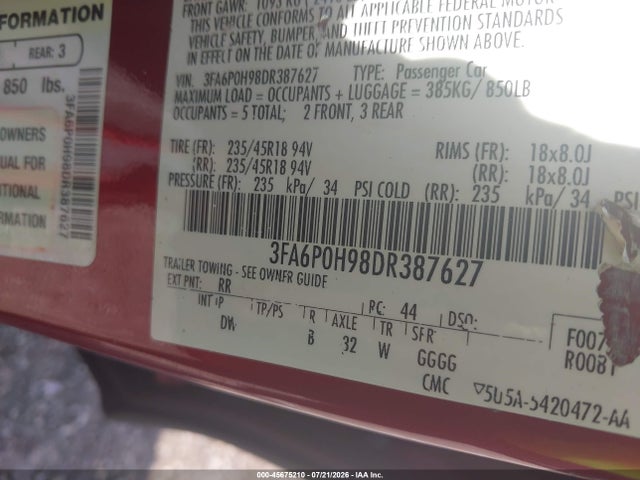 Продажа на аукционе авто 2013 Ford Fusion Se, vin: 3FA6P0H98DR387627, номер лота: 45675210