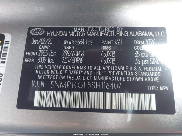 45675222 :رقم المزاد ، 5NMP14GL8SH116407 vin ، 2025 Hyundai Santa Fe Se مزاد بيع
