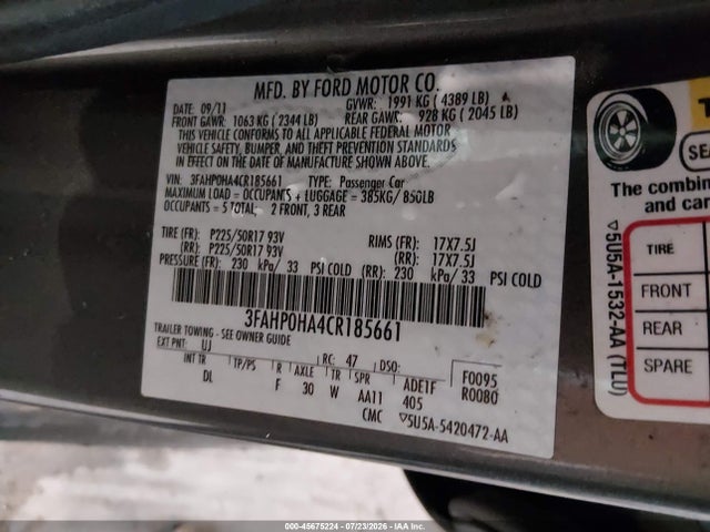 Продажа на аукционе авто 2012 Ford Fusion Se, vin: 3FAHP0HA4CR185661, номер лота: 45675224