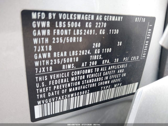 45675238 :رقم المزاد ، WVGUV7AX2HW509602 vin ، 2017 Volkswagen Tiguan 2.0t Sport مزاد بيع