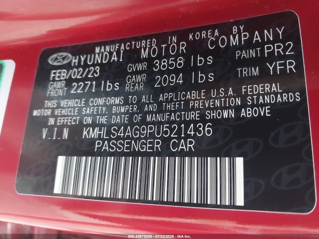 Продажа на аукционе авто 2023 Hyundai Elantra Sel, vin: KMHLS4AG9PU521436, номер лота: 45675250