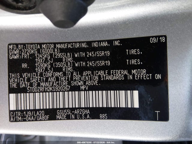 Toyota Highlander Limited Platinum 2019 5TDDZRFH2KS920267 Image 9