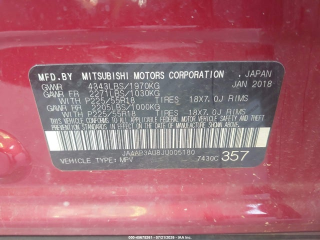 45675261 :رقم المزاد ، JA4AP3AU8JU005180 vin ، 2018 Mitsubishi Outlander Sport 2.0 Es مزاد بيع