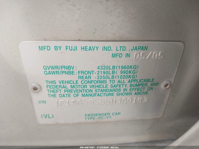 Aukcja sprzedaży 2006 Subaru Forester 2.5xt Limited, vin: JF1SG69666H709143, numer aukcji: 45675267