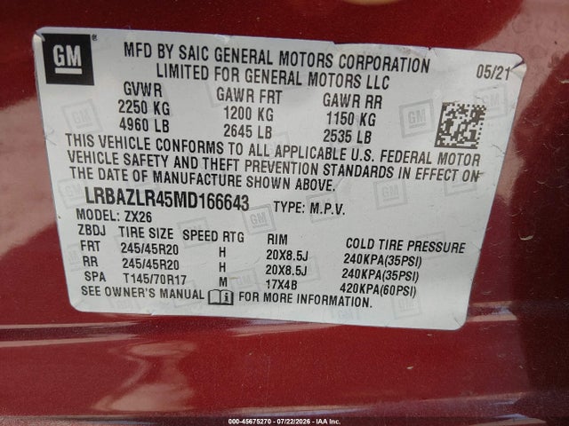 Продаж на аукціоні авто 2021 Buick Envision Fwd Preferred, vin: LRBAZLR45MD166643, номер лоту: 45675270