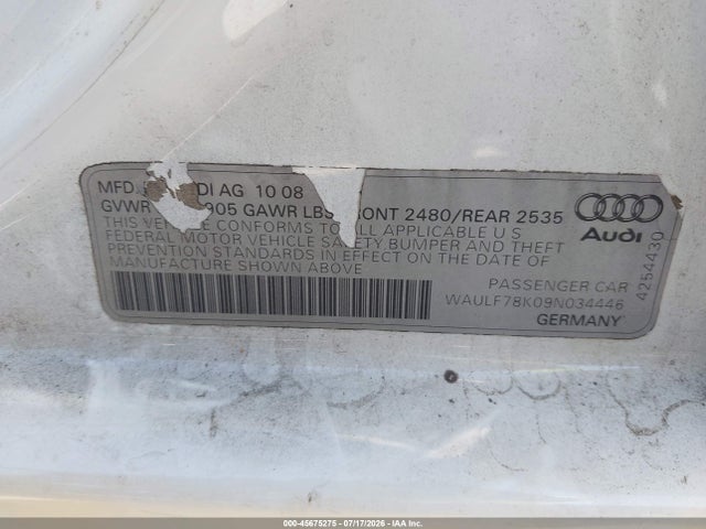 45675275 :رقم المزاد ، WAULF78K09N034446 vin ، 2009 Audi A4 2.0t Premium مزاد بيع